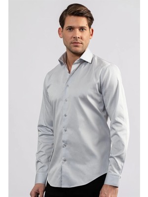 Tudors Slim Fit Uzun Kollu Koton Saten Premium Seri Erkek Gri Gömlek