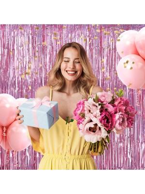 Semel Ekstra Metalize Parlak Saçaklı Arka Fon Perde Rose Gold