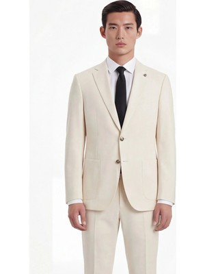 Sabri Özel Ekru Slim Fit 6 Drop Mono Yaka Modal Kumaş Lastikli Bel Astarsız Takım Elbise