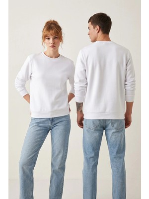 Borboleta Home Beyaz Unisex Regular Fit Sweatshirt Baskıya Uygun Şardonlu 3 Iplik 300 Gsm Bisiklet Yaka Düz Sweat