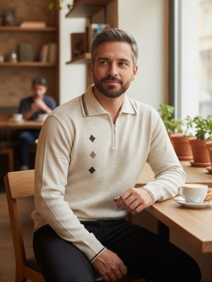 Kamalı Erkek Erkek Krem Tüylenme Yapmayan Standart Fit Normal Kesim Nakış Desen Polo Yaka Triko Kazak
