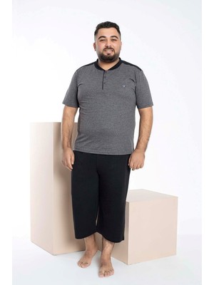 Guava Erkek Büyük Beden 3 Düğme %100 Pamuk Kısa Kol Cepli Kapri/bermuda Pijama Takımı