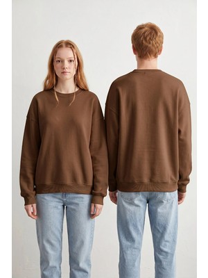 Borboleta Home Kahverengi Oversize Sweatshirt %100 Pamuk 3 Iplik Şardonsuz Unisex Baskıya Uygun Basic Sweatshirt