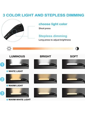 Palmira Demir LED Kitap Okuma Işığı Esnek Kitap Boyun Işığı Ayarlanabilir Parlaklık Masa Lambası 3 Renk Okuma Işığı Bükülebilir Kollu Işık Tamir Için Uygun Gece Koşusu Yürüyüş Type-C Şarj Girişli Kamp Fh8