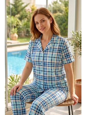 Remsa Kadın Ekose Kısa Kol Milan Kumaş Pijama Takımı 50501-1034 MAVI01