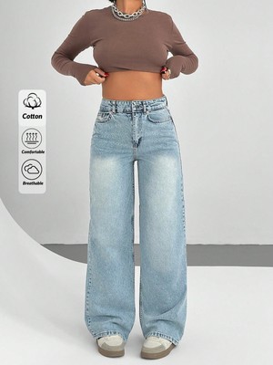 Circle Jeans Yüksek Bel Geniş Paça Açık Mavi Kadın Pantolon
