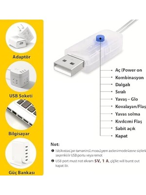 Palmira Demir 5 Metre Sarı 50 LED Işıklar Peri Işıkları 8 Mod Rgb Işıkları USB Sarı Renkli Işık Peri Dize Işıkları Tel Fonksiyonlu Süsleme Ince Telli Aydınlatmalı Şerit LED Yılbaşı Işık Yılbaşı Süsü