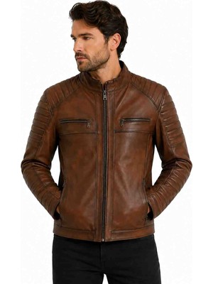 Arven Deri Hakiki Deri Erkek Mont Taba Dik Yaka Fermuarlı Slim Fit Ceket