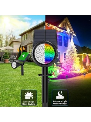 Palmira Demir Forlife 7 Renk Rgb 18 LED Spot Güneş Enerjili Bahçe Aydınlatması, Fotoselli, Aplik, 18W, Su Geçirmez Dış Mekan Solar Lamba, Duvar ve Zemin Montajı (Kırmızı, Yeşil, Mavi, Amber, Mor, Beyaz, Turkuaz)
