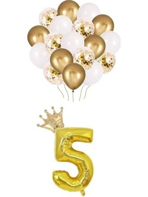 Palmira Demir 5 Rakam Gold Folyo Balon, Kral Tacı ve Konfetili Gold Balon