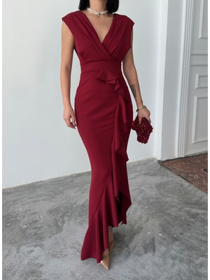 Alfudo Moda Collection Kadın Scuba Dalgıç Kumaş Kruvaze Yaka Eteği Volanlı Abiye Mezuniyet Nikah Elbise