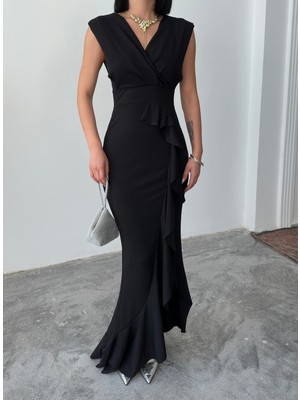 Alfudo Moda Collection Kadın Scuba Dalgıç Kumaş Kruvaze Yaka Eteği Volanlı Abiye Mezuniyet Nikah Elbise