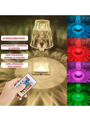 Kristal Işıklı Lamba Şarjlı Dokunmatik Rgb'li Masaüstü Set Kumandalı Usb'li Abajur Hediyelik Eşya