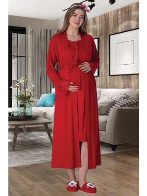 Mecit Pijama Mecit 6005 Kırmızı Hamile Lohusa Sabahlıklı Gecelik Takım