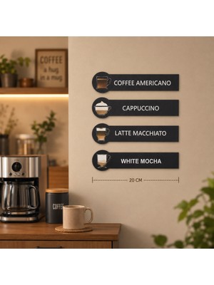 Rosfloa 4'lü Kahve Temalı Ahşap Şerit Mini Tablo Seti Kahve Köşesi Duvar Dekoru Bohem Coffee Bar Süsü (21 Cm)