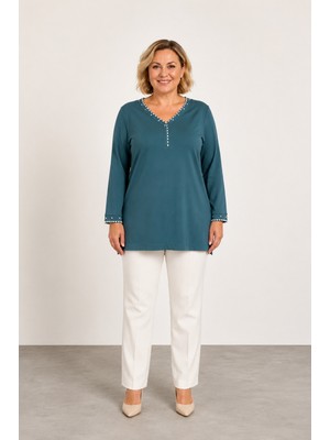 Bihan Store Kadın V Yaka Taşlı ve Harç Detaylı Uzun Kollu Tunik Bluz Y26-613-ZÜMRÜT