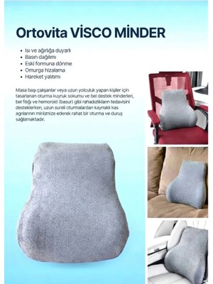 Ortovita Gri Ortopedik Bel Minderi Visco Sırt Minderi Ofis, Ev, Araç Bel Destek Minderi Rahat Duruş ve Kas Agrısı Giderici Visco Sırtlık