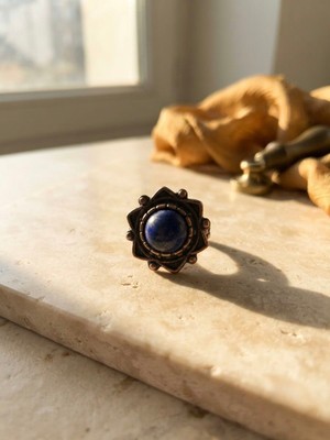 Meneva Aksesuar Lapis Lazuli Doğal Taşlı Otantik Yıldız Formlu Bakır Gövde Ayarlanabilir Yüzük