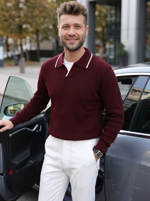 Kamalı Erkek Bordo Oversize Selanik Örgü Polo Yaka Triko Kazak