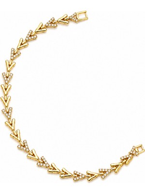 Balenbi Jewelry 14K Gold Renk Zirkon Taşlı Yaprak Desenli Kararmaz Çelik Kadın Bileklik 1187