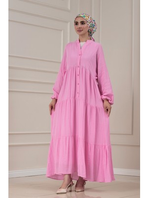 Sevitli Müslin Kumaş Robalı Ivana Elbise-Pembe