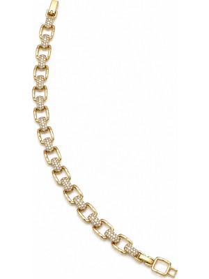 Balenbi Jewelry Kadın 14K Gold Renk Zirkon Taş Detaylı Geometrik Zincir Çelik Bileklik 1176