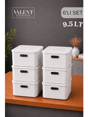 Valent Nero 9.5 Lt 6'lı Çok Amaçlı Kapaklı Organizer Kutu Makyaj Banyo Mutfak Oyuncak Düzenleyici
