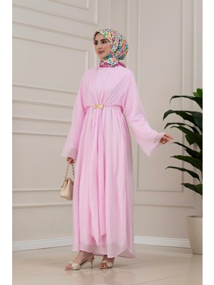 Sevitli Bolerolu Toka Detaylı Defne Elbise-Pembe