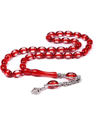 Tesbihkenti Kırmızı Sürmeli Toz Kehribar Tesbih 12X8 mm