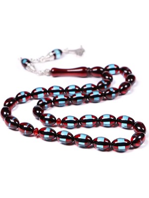 Tesbihkenti Bordo Mavi Sürmeli Toz Kehribar Tesbih 12X8 mm