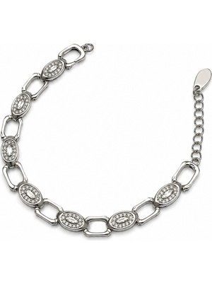 Balenbi Jewelry Kadın Gümüş Renk Zirkon Taş Detaylı Oval Zincir Çelik Bileklik 1175