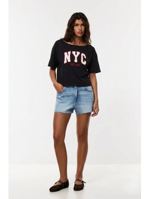 Shopping Shop Kayık Yaka Nyc Desenli Bluz Sıyah
