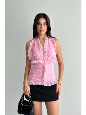 Shopping Shop Tül Fırfırlı Bluz Pudra