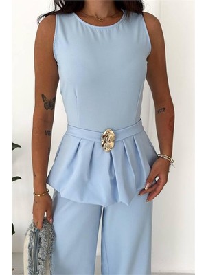 Neşeli Butik Kaldın Bebe Mavi Kolsuz Gold Toka Detaylı Peplum Kesim Preium Tulum NBK4637