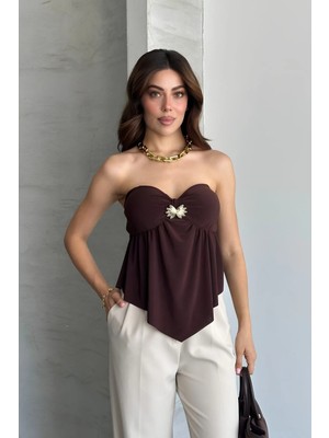 Shopping Shop Gloplu Straplez Tokalı Crop Top Kahve