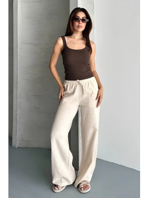 Shopping Shop Keten Yıkamalı Çift Cep Pantolon BEJ