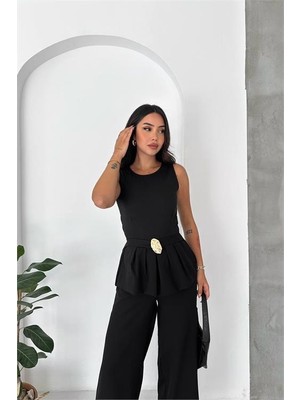 Neşeli Butik Kaldın Siyah Kolsuz Gold Toka Detaylı Peplum Kesim Preium Tulum NBK4637