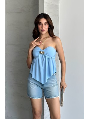 Shopping Shop Gloplu Straplez Tokalı Crop Top Mavı