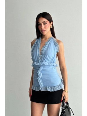 Shopping Shop Tül Fırfırlı Bluz Mavı