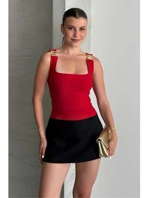 Shopping Shop Kare Yaka Askı Toka Bluz Kırmızı