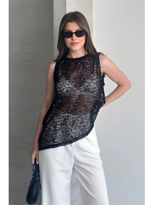 Shopping Shop Pullu File Kolsuz Bluz Sıyah