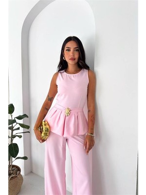 Neşeli Butik Kaldın Pembe Kolsuz Gold Toka Detaylı Peplum Kesim Preium Tulum NBK4637