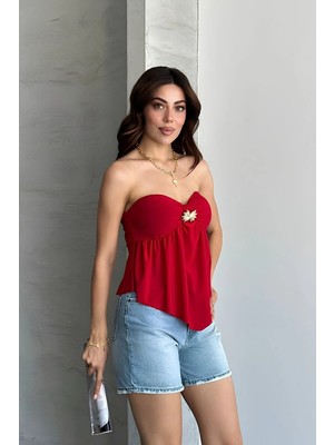 Shopping Shop Gloplu Straplez Tokalı Crop Top Kırmızı