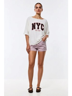 Shopping Shop Kayık Yaka Nyc Desenli Bluz Ekru