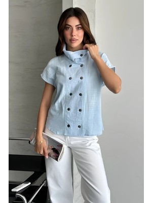 Shopping Shop Keten Yıkamalı Kolsuz Yelek Bluz Mavı