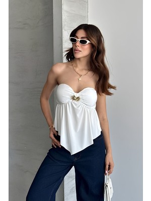 Shopping Shop Gloplu Straplez Tokalı Crop Top Ekru