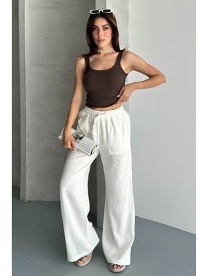 Shopping Shop Keten Yıkamalı Çift Cep Pantolon EKRU