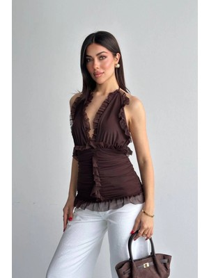 Shopping Shop Tül Fırfırlı Bluz Kahve