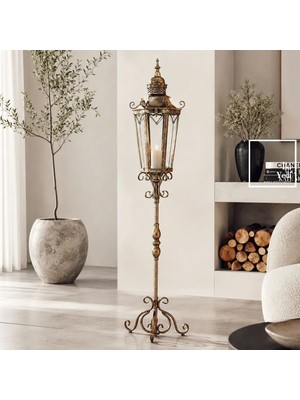 İki Yedi Konsept Nancarrow Vintage Büyük Ayaklı Mumluk Fener 125 cm Metal Dekoratif Şamdan Salon Ofis Köşe Dekorları