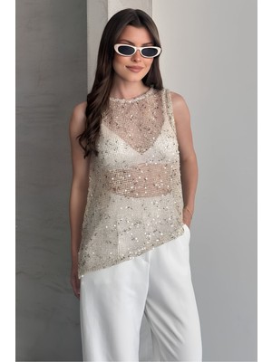 Shopping Shop Pullu File Kolsuz Bluz BEJ